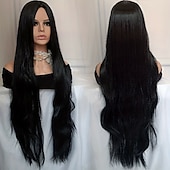 economico Parrucche da festa-parrucca lunga e liscia - fibra sintetica resistente al calore con frangia o riga in mezzo - perfetta per feste di carnevale e cosplay - parrucca da donna alla moda