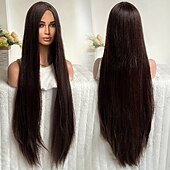 economico Parrucche da festa-parrucca lunga e liscia - fibra sintetica resistente al calore con frangia o riga in mezzo - perfetta per feste di carnevale e cosplay - parrucca da donna alla moda