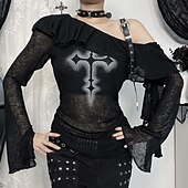 halpa Topit-Punk &amp; goottilainen Läpinäkyvä neulottu toppi Gootti tyttö Olkaimeton Risti Naamiaispuku Naisten Halloween Karnevaali Aikuisten Toppi