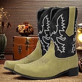 levne Cowboy &amp; Western Boots-pánské zelenočerné westernové kovbojské boty z umělého semiše s vyšívaným designem - klasické boty ve vintage stylu pro rodeo a outdoorové nošení