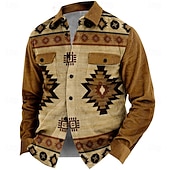 abordables veste chemise homme-Homme Ethnique Cowboy Chemise en Velours Côtelé Veste chemise Surchemise manche longue Rétro Vintage Tribal Extérieur Quotidien Automne hiver Col rabattu Chemises à col Boutons Impression 3D 2 poches