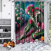 baratos Cortinas de Banho-cortina de chuveiro de halloween com ganchos para banheiro cortina de chuveiro de caveira conjunto de decoração de banheiro poliéster à prova d&#039;água pacote com 12 ganchos de plástico cabeças de