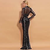 voordelige Zwart-Black Tie Zeemeermin Avondjurk Sequins Glanzende Jurk Formele Vloerlengte Lange Mouwen Illusie Hals Maskerfeest Jurk