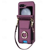 cheap Samsung Cases-Phone Case For Samsung Galaxy Z Flip 7 Z Flip 6 Z Flip 5 Z Flip 4 Z Flip 3 Back Cover Ring Holder with Lanyard with Wrist Strap Retro TPU PU Leather