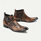cheap Premium Leather Boots-Men&#039;s Premium Cowhide Leather Motorcycle Boots with Studded Design, Brown Gradient Finish, and Metallic Detailing – Perfect for Biker Style and Casual Outfits