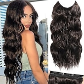 cheap Clip in Extensions-Invisible Wire Hair Extensions  Secret Hair Extensions with Adjustable 4 Clips Soft Transparent Lace Natural Long Wavy Hair Extensions for Women