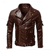 preiswerte Kunstlederjacke-Herren Kunstlederjacke Bikerjacke Vintage Lederjacke Straße Motorrad Thermowarm Tasche Frühling &amp; Herbst Einfarbig Streetwear Lässig Umlegekragen Regulär Kunstleder Schwarz Braun Jacken