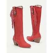 levne Cowboy &amp; Western Boots-dámské retro třásňové semišové kozačky ve westernovém stylu - hnědé kozačky na podpatku do půl lýtek pro ležérní a boho outfity