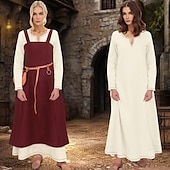ieftine Rochie-Șorț viking medieval pentru femei, cu rochie tunică cu dantelă la spate, 2 buc ținute pentru larp ren faire târg renascentist, carnaval, rochie de halloween