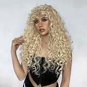 baratos Perucas Sintéticas sem Touca-Perucas sintéticas Uniformes Trajes de carreira Princesa Encaracolado Deep Curly Parte do meio Corte em Camadas Com Franjas Fabrico à Máquina Peruca 26 polegadas Dourado Suave Cabelo Sintético