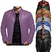 abordables Veste cuir homme-Homme Veste en Similicuir Veste de transition Veste moto Veste en cuir rouge Vacances Quotidien Coupe-vent Chaud Avec Poches Automne &amp; Hiver Uni Mode Classique Col montant Régulier Similicuir Noir