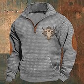 baratos Suéteres básicos-Homens Moletom Waffle Moletom Moletom com zíper Preto Branco Azul Marinha Cáqui Cinzento Escuro Meio Zíper Gráfico Vaca Imprimir Patchwork Bolso frontal Quarter Zip Diário Feriado Para Noite Poliéster