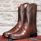 levne Cowboy &amp; Western Boots-pánské hnědé westernové kovbojské boty s krokodýlím potiskem z umělé kůže - vintage styl, ideální pro outdoorové i běžné nošení