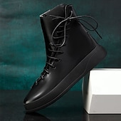 cheap Ankle Boots-Men&#039;s Red Faux Leather High-Top Boots with Side Zipper and Lace-Up Design – Stylish Casual Footwear for Fall and Winter