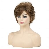 cheap Older Wigs-Brown Curly Pixie Wigs for White Women Short Fluffy White Hair with Bangs Natural Synthetic Heat Resistant Wig