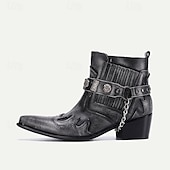 cheap Premium Leather Boots-Men&#039;s Black Premium Cowhide Leather Motorcycle Boots with Western Style, Metal Studded Strap, and Chain Accent – Perfect for Biker and Cowboy-Inspired Fashion