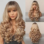 economico Parrucche trendy sintetiche-parrucche lunghe con radici scure, parrucca sintetica ondulata e sciolta con frangia per le donne, per feste quotidiane e cosplay