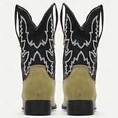 levne Cowboy &amp; Western Boots-pánské zelenočerné westernové kovbojské boty z umělého semiše s vyšívaným designem - klasické boty ve vintage stylu pro rodeo a outdoorové nošení