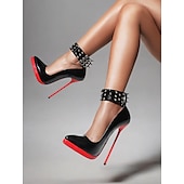 cheap Stiletto Heels-Women&#039;s Black Patent Leather Platform Stiletto Heels with Red Sole, Studded Spiked Ankle Straps, Sexy High Heels for Night Out, Parties, and Clubwear