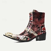 baratos Botas de couro premium-Botas de Motocicleta em Couro de Vaca Premium Masculinas com Cadarço e Fivela de Dragão com Ponta Dourada Padrão de Pele de Cobra e Lantejoulas–Estilo Western Ousado para Eventos de Motocicleta e