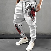 billiga Joggingbyxor-Herr Varg Reste sig Joggingbyxor Joggare Byxor Medium Midja Dragsko Elastisk midja Mode Ledigt Festkvällskläder Vardag Ficka Vår Höst Vinter 3D-tryck Vit Beige