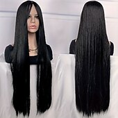 economico Parrucche da festa-parrucca lunga e liscia - fibra sintetica resistente al calore con frangia o riga in mezzo - perfetta per feste di carnevale e cosplay - parrucca da donna alla moda