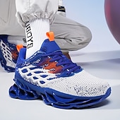 cheap Men's Running Shoes-Men's Blue Athletic Sneakers with Unique Hollow Sole Design, Breathable Knit Upper, and Flame Detail – Lightweight Running Shoes with Orange Accents