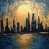 お買い得  風景画-キャンバスに描かれた手作りのオリジナル都市建築油絵。抽象的なテクスチャの都市建築の壁アート。室内装飾用。枠付き/内枠なし。