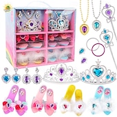 זול Party Supplies-סט נעלי התלבשות נסיכות, נעלי בית, שרשרת ועגילים - מתנת יום הולדת לילדות, משחק משפחתי, קופסת תכשיטי צעצוע להעמיד פנים - מושלם למשחק דמיון והבעה יצירתית