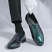 cheap Semi-Formal-Men&#039;s Snakeskin Print Loafers – Stylish Green and Black Glossy Slip-On Shoes with Modern Design, Perfect for Formal and Semi-Formal Occasions