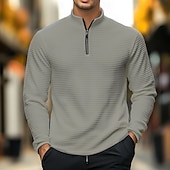 cheap Vacation-Men&#039;s Waffle Polo Shirt Waffle T Shirt Sports Outdoor Cycling / Bike Standing Collar Quarter Zip Long Sleeve Fashion Modern Solid Color Knitted Spring &amp;  Fall Standard Fit Light Blue Black White Dark