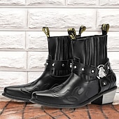 tanie Buty motocyklowe-męskie czarne skórzane buty motocyklowe ze sztucznym futerkiem z haftem płomienistym i metalową klamrą – botki w stylu western dla motocyklistów, którzy cenią sobie modę i swobodny styl