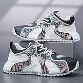 cheap Men&#039;s Sneakers-Men&#039;s White Athletic Sneakers with Tribal Print and Mesh Upper – Lightweight Running Shoes for Sports and Casual Wear