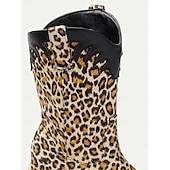levne Cowboy &amp; Western Boots-dámské westernové kovbojské boty s leopardím vzorem s černými akcenty z umělé kůže – špičatá špička a blokový podpatek, ideální pro odvážné módní výrazy a běžné nošení