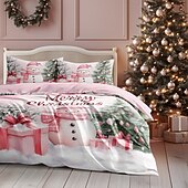 お買い得  クリスマスの寝室-クリスマス用掛け布団カバーセット。雪だるまデザインのピンク。クリスマスのお祝いのホリデー寝具には、掛け布団カバーと枕カバーが含まれており、寝室に気まぐれな季節感を加えるのに最適です。