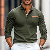 Men's Polo Shirt Golf Polo Street Business Turndown Ribbed Polo Collar Long Sleeve Fashion Basic Solid Color Patchwork Pocket Fall Winter Cross-Seasons Regular Fit Army Green Black Navy Blue Grey 8