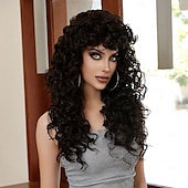baratos Perucas Sintéticas sem Touca-Perucas sintéticas Uniformes Trajes de carreira Princesa Encaracolado Deep Curly Parte do meio Corte em Camadas Com Franjas Fabrico à Máquina Peruca 26 polegadas Castanho Escuro Cabelo Sintético