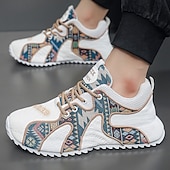 cheap Men&#039;s Sneakers-Men&#039;s White Athletic Sneakers with Tribal Print and Mesh Upper – Lightweight Running Shoes for Sports and Casual Wear
