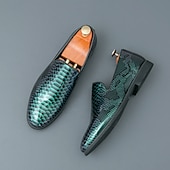 cheap Semi-Formal-Men&#039;s Snakeskin Print Loafers – Stylish Green and Black Glossy Slip-On Shoes with Modern Design, Perfect for Formal and Semi-Formal Occasions