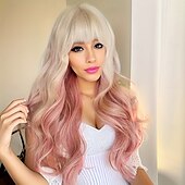 economico Parrucche trendy sintetiche-parrucca bionda/rosa lunga ed ondulata chic con frangia per donna - perfetta per il cosplay &amp;parti in fibra sintetica