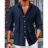 voordelige heren overhemd met knopen-Voor heren Overhemd Zomer overhemd Overhemd met knopen Normaal shirt Strand hemd Zwart Marineblauw blauw Groen Beige Lange mouw Effen Revers Hawaii Feestdagen Jacquard Kleding Modieus Casual