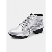 abordables Chaussures de danses latines-chaussures de danse à lacets argentées pour femmes avec empiècements floraux en maille et semelle souple, idéales pour la danse de salon, latine et jazz