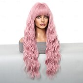 economico Parrucche trendy sintetiche-Parrucche sintetiche Uniformi Costumi di carriera Da principessa Riccio Ondulato Parte di mezzo Taglio scalato Con frangia A macchina Parrucca 26 pollici Pink + Red Capelli sintetici Per donna