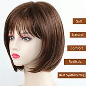 abordables peluca vieja-Pelucas bob cortas de color marrón para mujeres, peluca sintética de color marrón mezclado con rubio con flequillo, peluca de fiesta diaria de aspecto natural