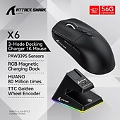 baratos Ratos-attack shark x6 mouse bluetooth pixart paw3395 conexão tri-mode rgb touch base de carregamento magnético macro mouse para jogos