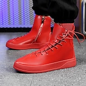 cheap Ankle Boots-Men&#039;s Red Faux Leather High-Top Boots with Side Zipper and Lace-Up Design – Stylish Casual Footwear for Fall and Winter