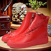 cheap Ankle Boots-Men&#039;s Red Faux Leather High-Top Boots with Side Zipper and Lace-Up Design – Stylish Casual Footwear for Fall and Winter