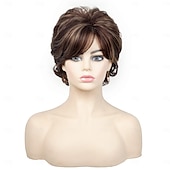 economico parrucca più vecchia-parrucche corte marroni per donne bianche, parrucca marrone con frangia, parrucche corte e ricce pixie cut, affascinanti parrucche sintetiche ondulate a strati per vecchie signore