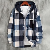 cheap Flannel Shirts-Men&#039;s Shirt Flannel Shirt Overshirt Plaid Outdoor Street Black Pink Navy Blue Brown Long Sleeve Hooded Winter Spring &amp;  Fall Clothing Apparel