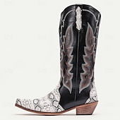 abordables Cowboy et bottes occidentales-bottes de cowboy western pour hommes – similicuir noir avec accents d&#039;imprimé serpent, détails brodés et talon bottier, parfaites pour le rodéo, les événements country et les tenues décontractées
